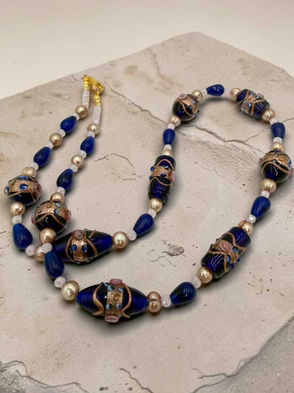 Venetian Wedding Cake Bead Necklace Blue Jade Genuine Pearl Pink Crystal 20” - Picture 17 of 17
